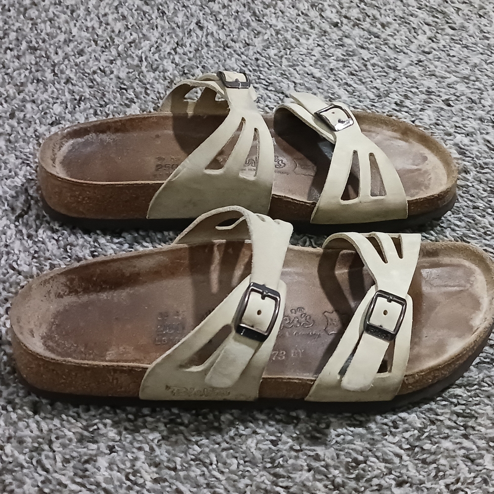 Birkenstock Cream Leather Double Strap Slide Sandals